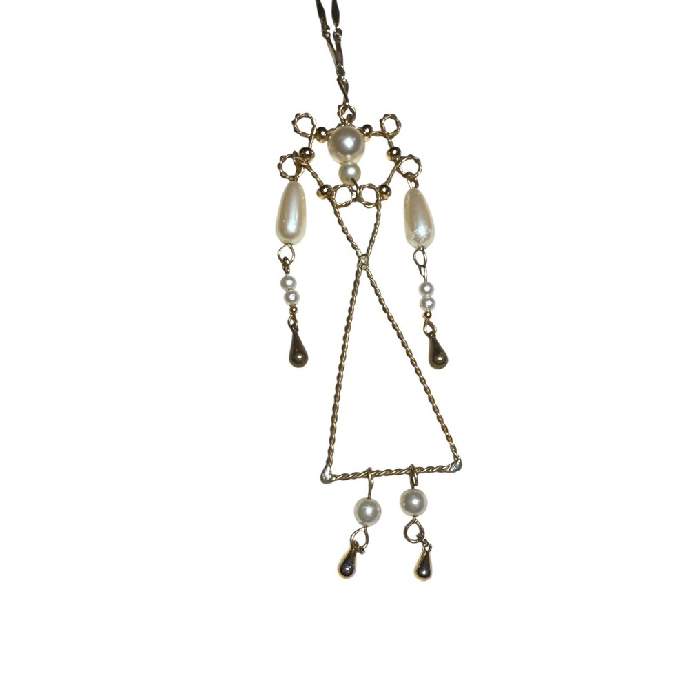 Vtg Handmade Wire Pendant Necklace Faux Pearls Abstract Angel Doll Boho Jewelry